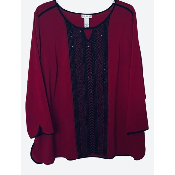 CATHERINES LONG SLV RND NECK BLOUSE, WOMENS, 2X(22/24), BURGUNDY & BLACK, DRESSY - Picture 1 of 8